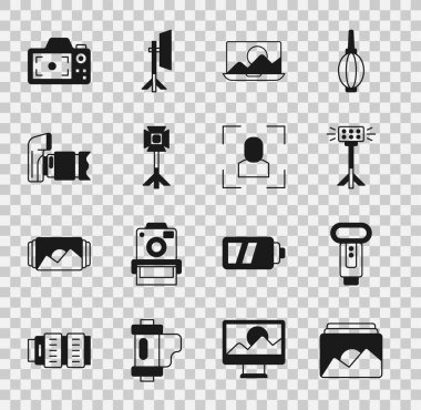 Set Photo frame, camera flash, Studio light bulb in softbox, retouching,  and Camera focus line icon. Vector