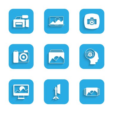 Set Photo frame, Studio light bulb in softbox, camera, retouching,  and Cinema icon. Vector