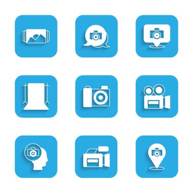 Set Photo camera, Cinema, Retro cinema, Empty photo studio,  and frame icon. Vector