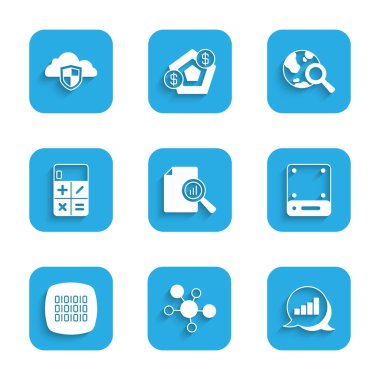 Set Document with graph chart, Mind map infographic, Pie, Server, Binary code, Calculator, Search globe and Cloud and shield icon. Vector