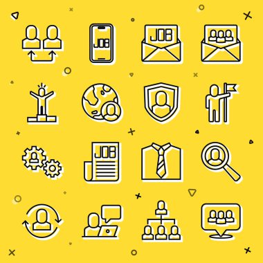 Set line Project team base, Magnifying glass for search job, Man holding flag, Search, Globe and people, Productive human, Exchange work and User protection icon. Vector