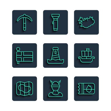 Set line Map of Iceland, Viking head, Ticket, Lighthouse, Flag, Pickaxe and ship Drakkar icon. Vector