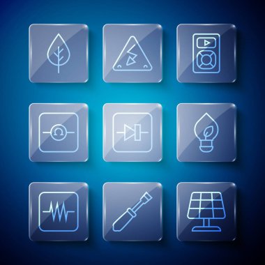 Set line Resistor in electronic circuit, Screwdriver, Solar energy panel, Music player, Diode, Ohmmeter, Leaf Eco symbol and Light bulb with leaf icon. Vector
