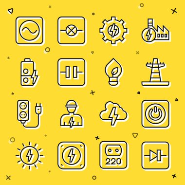 Set line Diode in electronic circuit, Power button, Electric tower line, Gear and lightning, Electrolytic capacitor, Battery charge, AC voltage source and Light bulb with leaf icon. Vector