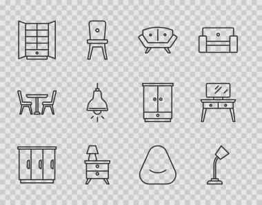 Set line Wardrobe, Table lamp, Sofa, Nightstand with, Lamp hanging, Pouf and Dressing table icon. Vector