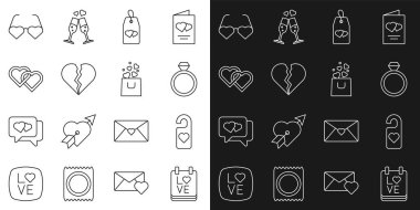 Set line Calendar with February 14, Please do not disturb heart, Wedding rings, Broken or divorce, Two Linked Hearts, shaped love glasses and Shopping bag icon. Vector