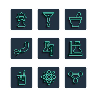 Set line Laboratory glassware, Atom, Molecule, Mortar and pestle, Test tube, Bacteria, Explosion in the flask and stand icon. Vector