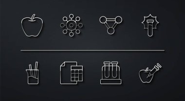 Set line Apple, Laboratory glassware, Explosion in the flask, Test tube, Calculator, Virus, Genetically modified apple and Molecule icon. Vector