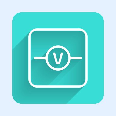 White line Voltmeter electronic component icon isolated with long shadow background. Electricity physics scheme for education. Green square button. Vector