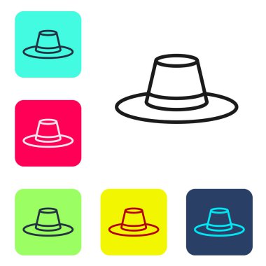 Beyaz arka planda izole edilmiş kurdele ikonu olan siyah çizgi adamı şapkası. Renkli kare düğmelerle simgeleri ayarla. Vektör