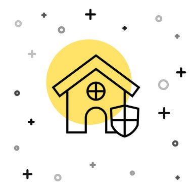 Beyaz arka planda siyah çizgi ev ve kalkan simgesi var. Sigorta konsepti. Güvenlik, güvenlik, koruma, konsept koruma. Rastgele dinamik şekiller. Vektör