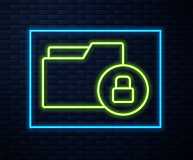 Parlayan neon hattı dizini ve kilit simgesi tuğla duvar arka planında izole edildi. Kapalı dosya ve asma kilit. Güvenlik, güvenlik, koruma kavramı. Vektör