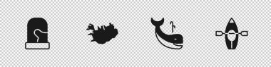 Set Christmas mittens, Map of Iceland, Whale and Kayak paddle icon. Vector