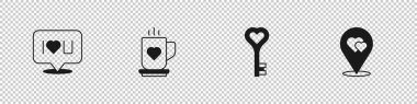 Set Speech bubble text I love you, Coffee cup and heart, Key in shape and Location with icon. Vector
