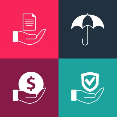 Set pop art Shield in hand, Money with shield, Umbrella and Contract icon. Vector