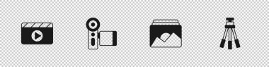 Set Movie clapper, Cinema camera, Photo frame and Tripod icon. Vector