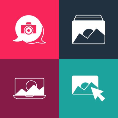 Set pop art Photo retouching, frame and camera icon. Vector