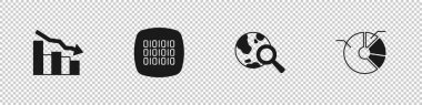 Set Financial growth decrease, Binary code, Search globe and Pie chart infographic icon. Vector