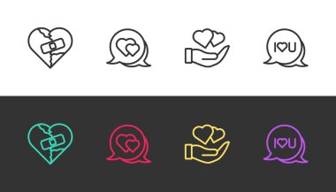 Set line Healed broken heart or divorce, Heart in speech bubble, hand and Speech text I love you on black and white. Vector