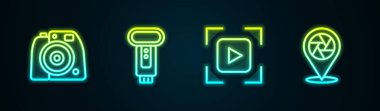 Set line Photo camera, flash, Camera focus frame line and shutter. Glowing neon icon. Vector