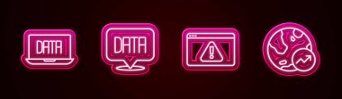 Set line Data analysis, Browser with exclamation mark and Financial growth. Glowing neon icon. Vector