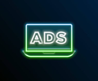 Parlayan neon hattı reklam simgesi siyah arkaplanda izole edildi. Pazarlama ve tanıtım süreci kavramı. İlgili reklamlar. Sosyal medya reklamcılığı. Renkli taslak konsepti. Vektör