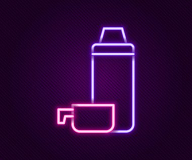 Parlayan neon hattı termos konteynır simgesi siyah arkaplanda izole edildi. Termo matara ikonu. Kamp ve yürüyüş ekipmanları. Renkli taslak konsepti. Vektör