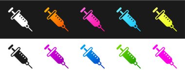 Şırınga simgesini siyah beyaz arkaplanda izole et. Aşı için şırınga, aşı, iğne, grip aşısı. Tıbbi ekipman. Vektör.