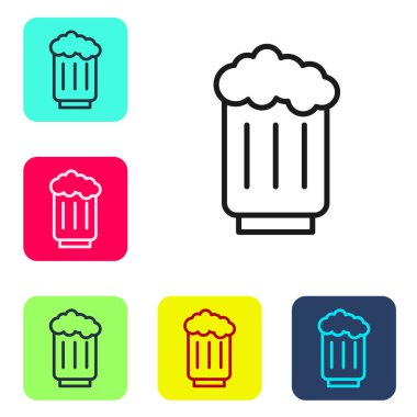 Beyaz arka planda siyah çizgi ahşap bira kupası ikonu var. Renkli kare düğmelerle simgeleri ayarla. Vektör.