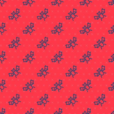 Blue line Flying bat icon isolated seamless pattern on red background. Happy Halloween party.  Vector.
