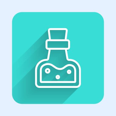 White line Bottle with potion icon isolated with long shadow background. Flask with magic potion. Happy Halloween party. Green square button. Vector