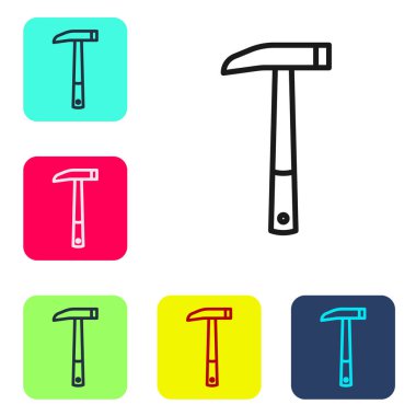 Beyaz arka planda siyah çizgi itfaiye baltası ikonu var. Yangın baltası. Renkli kare düğmelerle simgeleri ayarla. Vektör