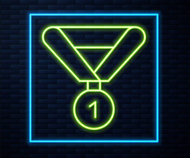 Parlayan neon hat madalyası simgesi tuğla duvar arkasında izole edildi. Kazanan sembol. Vektör