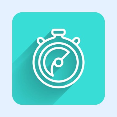 White line Stopwatch icon isolated with long shadow background. Time timer sign. Chronometer sign. Green square button. Vector