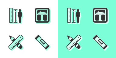 Set Construction bubble level, Measuring height body, Crossed ruler and pencil and Bathroom scales icon. Vector