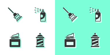 Set Barber shop pole, Mop, Cream cosmetic jar and Spray can for hairspray icon. Vector