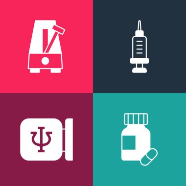 Set pop art Sedative pills, Psychology, Psi, Addiction to the drug and Metronome with pendulum icon. Vector