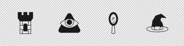 Set Castle tower, All-seeing eye of God, Magic hand mirror and Witch hat icon. Vector