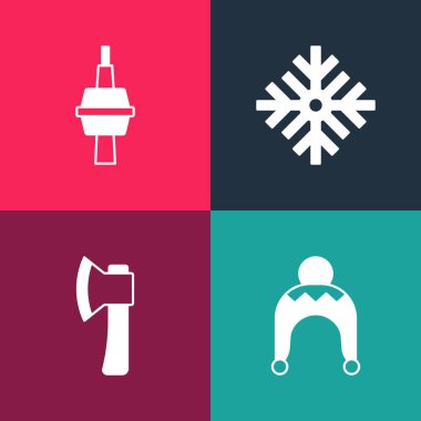Set pop art Winter hat, Wooden axe, Snowflake and TV CN Tower Toronto icon. Vector