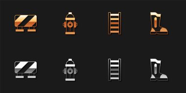Set Road barrier, Fire hydrant, escape and boots icon. Vector