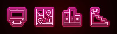 Set line Computer monitor, Folded map with location, Award over winner podium and Stair finish flag. Glowing neon icon. Vector