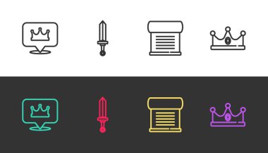 Set line Location king crown, Medieval sword, Decree, parchment, scroll and King on black and white. Vector