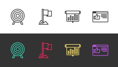 Set line Target sport, Location marker, Board with graph chart and Browser window on black and white. Vector