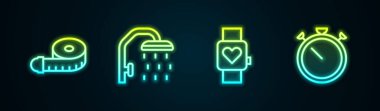 Set line Tape measure, Shower head, Smart watch and Stopwatch. Glowing neon icon. Vector