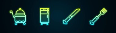 Set line Covered with tray, Refrigerator, Knife and Fork. Glowing neon icon. Vector