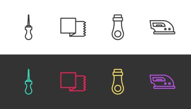 Set line Awl tool, Textile fabric roll, Zipper and Electric iron on black and white. Vector