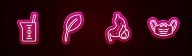 Set line Laboratory glassware or beaker, Leaf leaves, Stomach heartburn and Medical protective mask. Glowing neon icon. Vector