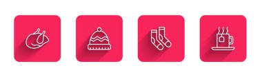 Set line Roasted turkey or chicken, Winter hat, Socks and Cup of tea with tea bag with long shadow. Red square button. Vector