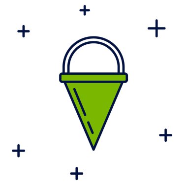 Beyaz arka planda izole edilmiş, ana hatlı ateş konisi kova simgesi. Metal koni kovası boş ya da yangın söndürme suyu var. Vektör