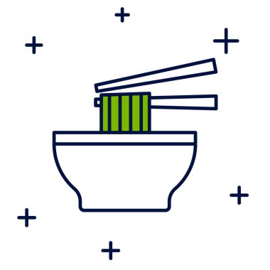 Beyaz arka planda izole edilmiş ana hatlı Asya erişteleri ve yemek çubukları ikonu. Sokak yemeği. Kore, Japon, Çin yemekleri. Vektör